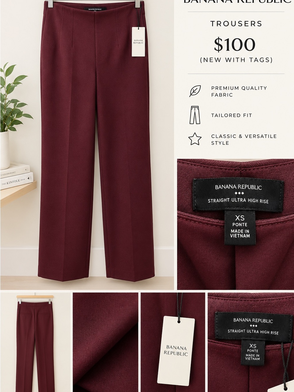 Banana Republic Women's Straight Ponte High-Rise Trousers — Burgundy